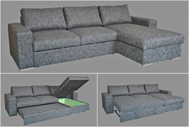 Pilka kampinė sofa su išskleidimo vaizdu